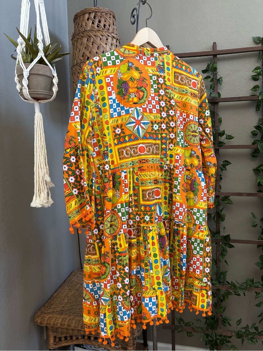Colori Di Mare Majolica Print Embellished Mini Dress Boho Tassel Hem Tunic - Picture 11 of 13
